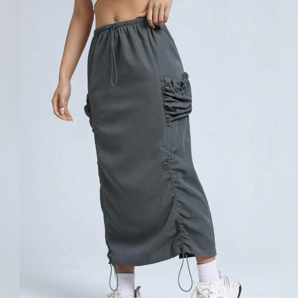 Women’s Long Drawstring Ruched Skirt With Pockets Dark Gray